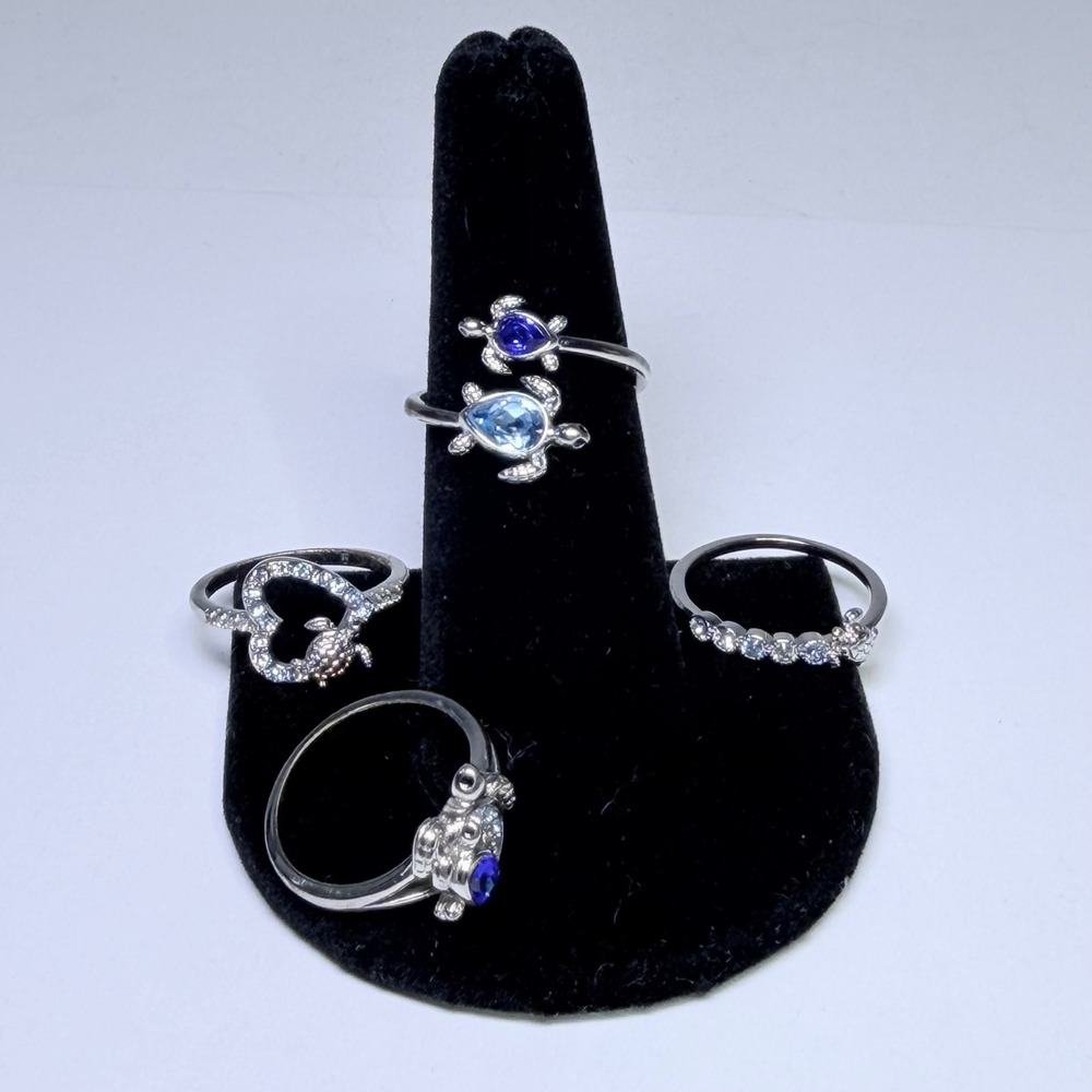 Fragrant Jewels Sea Turtle Ring Set 4pc Silver Tone Blue CZ Size 7 Coastal Ocean
